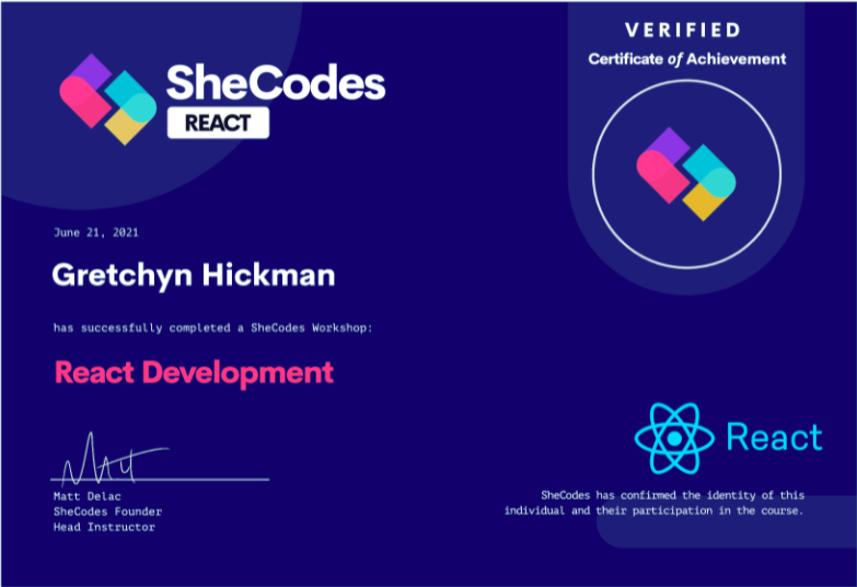 Gretchyn Hickman's SheCodes React Certification