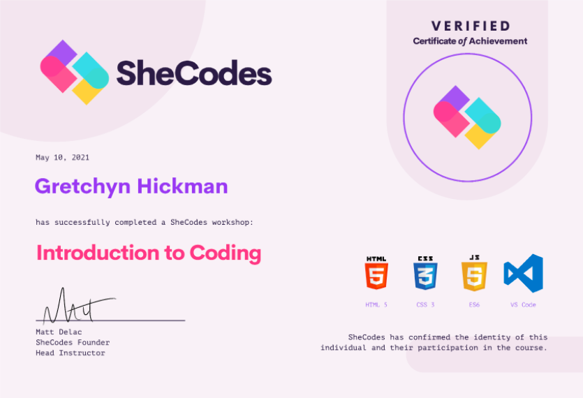 Gretchyn Hickman's SheCodes Basic Certification