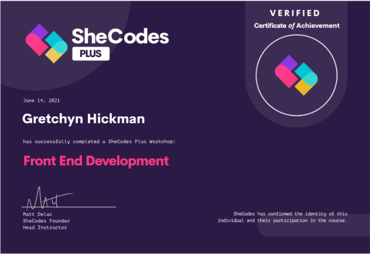 Gretchyn Hickman's SheCodes Plus Certification