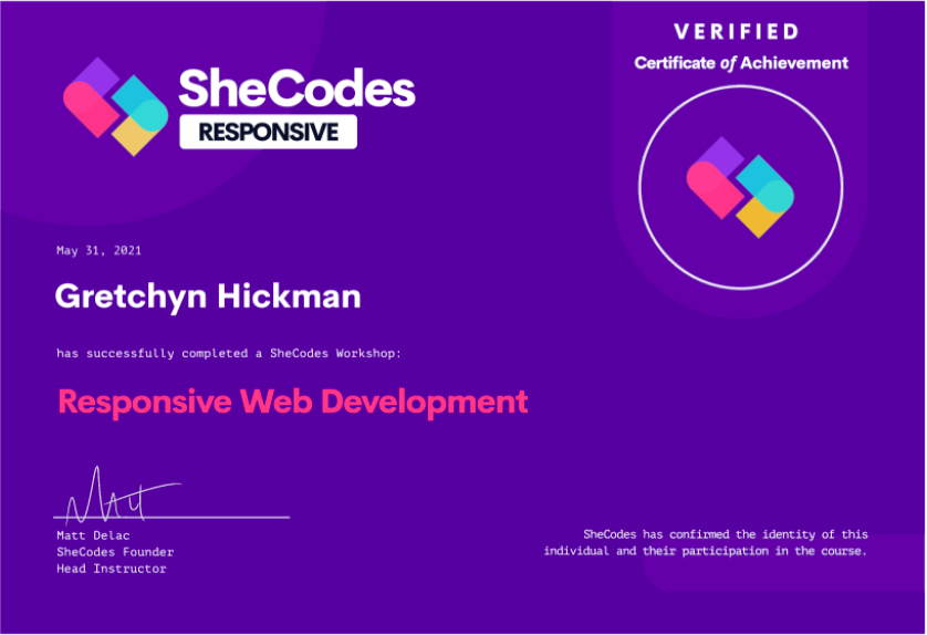 Gretchyn Hickman's SheCodes Responsive Certification